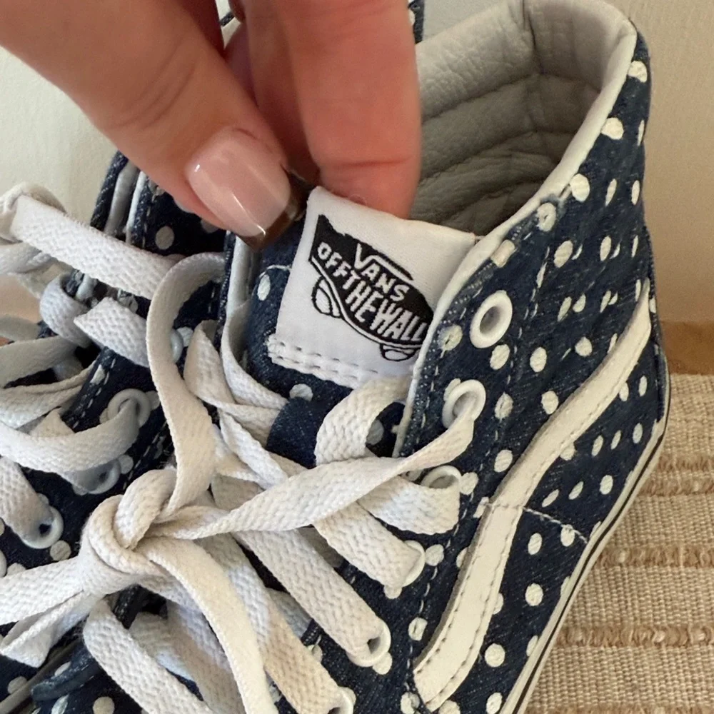 Vans Kids' denim navy and White Polka Dot Sneakers size 1 kids youth high top